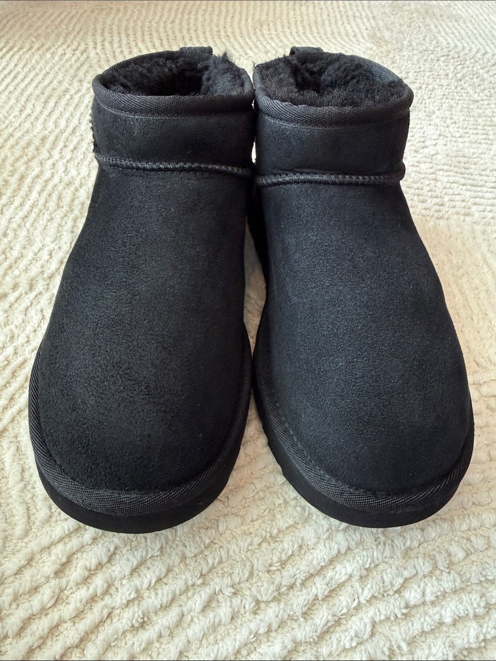 UGG Ultra Mini Black Suede Shearling-Lined Slip-On Boots